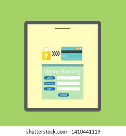 Concept of mobile payments, Transfer money from tablet bank card.