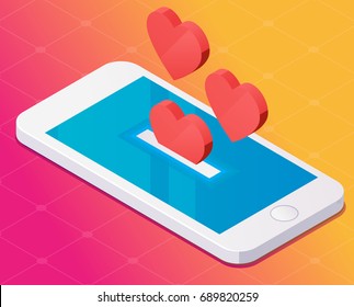 Concept with mobile phone and falling hearts and likes. Vector illustration. Isometric style.