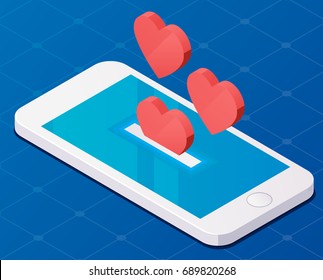 Concept with mobile phone and falling hearts and likes. Vector illustration. Isometric style.