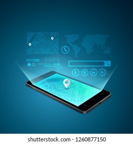 Concept Of Mobile Phone Gps Technology, Graphic Of Realistic Cellphone Showing Gps Map On Screen
