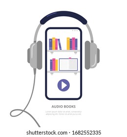 Concept with a mobile phone and headphones. Digital library with audiobooks, podcasts, and courses. Vector illustration in a modern flat style.