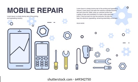 Concept of mobile phone repair. Horizontal banner with smartphone and tools. Service electronic technic. Colorful vector line art background with place for text.