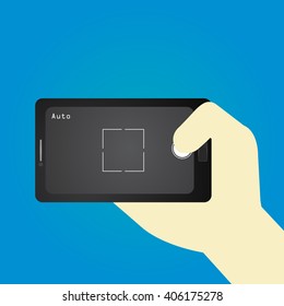 Concept of mobile photography. Hand holding smartphone. Flat design, vector illustration.