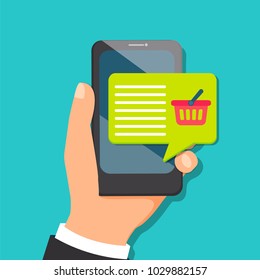 Concept for mobile purchasing, hand holding smartphone with message or notification about his cart. Icon for Online shoping. Vector illustration.