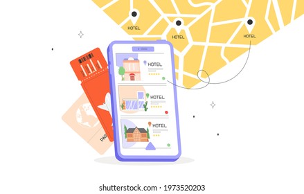 Concept of mobile search or booking hotel. On the phone screen different options for vacation homes or hostels. Renting, buying, reservation.
