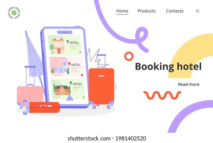 Concept of mobile search or booking a hotel through a mobile application. On the phone screen different options for vacation homes or hostels. Flat vector illustration. Landing page or banner.