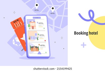 Concept of mobile search or booking hotel. On the phone screen different options for vacation homes or hostels. Renting, buying, reservation.