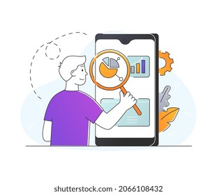 Concept of mobile SEO. Man with magnifying glass in his hands examines smartphone screen. Keyword analysis. Character evaluates effectiveness of page optimization. Cartoon flat vector illustration