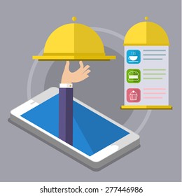 Concept of mobile service, delivery service. Restaurant cloche in hand, app service, enjoy your meal. 