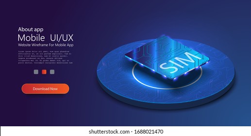 Concept for mobile sim card technology and network. eSIM card chip sign. Embedded SIM concept. New mobile communication technology and processor background circuit board.Invitation with sim for design