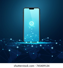 concept of mobile technology, black shiny futuristic smartphone on wireframe net