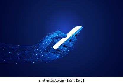 concept of mobile technology, wireframe low poly hand holding communication device