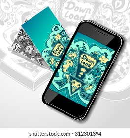 Concept with mobile telephone visit cards  and picture of  down load doodle monsters for down load music, film, photo, pictures from web. Template banners down load