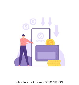 concept of mobile wallet or money transfer, online payment, online wallet. illustration of a person putting his coins into a virtual wallet. depository or bank. flat cartoon style. vector design