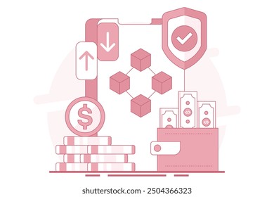 Concept of Mobile wallet or saving money online. online banking infographics, mobile bill payments, start-up business projects, online surveys, business planning. flat vector illustration.
