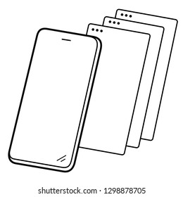 Concept of mobile-first design. Smartphone with mobile web pages. Vector outline icon isolated on white background.