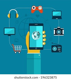 Concept of mobiles app phone in hand, shopping, entertainment. Flat design of icons for web and mobile.