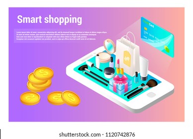 Concept of a modern banner, for web design online store and application. E-commerce. Isometry and 3d design. Cosmetics store. Goods for face and body care.