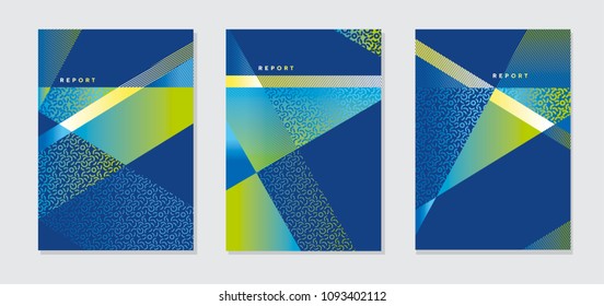 Concept modern blue and green geometric cover template. Geometry stripes and triangle business style design element. Poster, flayer, header vector template set.  
