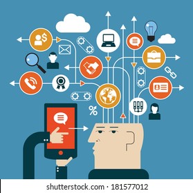 Das Konzept des modernen Business.  Abstrakter menschlicher Kopf, Hände mit Smartphone umgeben von Geschäftssymbole und Pfeil.
