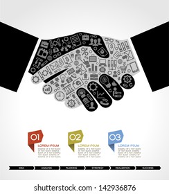Concept In Modern Business Agreement. Businessman Handshake With Business Small Icons. Business Info-graphics