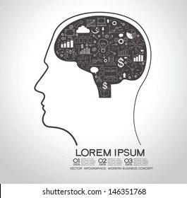 Concept of modern business. Silhouette of a human head with the brain and doodle business, technology icons