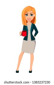 Concept of modern business woman. Cheerful cartoon character businesswoman with blonde hair holds a cup of coffee while coffee break. Vector illustration.