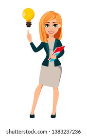 Concept of modern business woman. Cheerful cartoon character businesswoman with blonde hair has a good idea. Vector illustration.