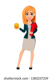 Concept of modern business woman. Cheerful cartoon character businesswoman with blonde hair holds bitcoins and red arrow. Vector illustration.