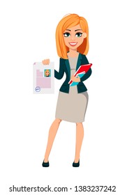 Concept of modern business woman. Cheerful cartoon character businesswoman with blonde hair holds documents. Vector illustration.