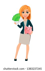 Concept of modern business woman. Cheerful cartoon character businesswoman with blonde hair holds money and piggy bank. Vector illustration.