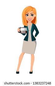 Concept of modern business woman. Cheerful cartoon character businesswoman with blonde hair holds coffee pot. Vector illustration.