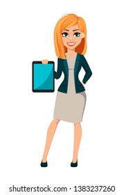 Concept of modern business woman. Cheerful cartoon character businesswoman with blonde hair holds tablet. Vector illustration.