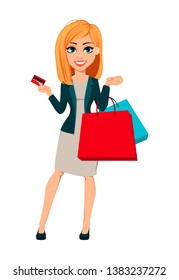 Concept of modern business woman. Cheerful cartoon character businesswoman with blonde hair holds shopping bags and credit card. Vector illustration.