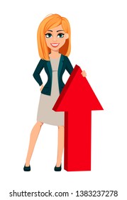 Concept of modern business woman. Cheerful cartoon character businesswoman with blonde hair stands near big red arrow. Vector illustration.