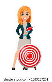 Concept of modern business woman. Cheerful cartoon character businesswoman with blonde hair stands near target. Vector illustration.