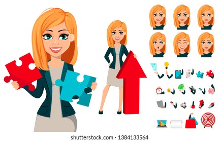 Concept Of Modern Business Woman, Pack Of Body Parts, Emotions And Things. Cheerful Cartoon Character Businesswoman With Blonde Hair. Vector Illustration.