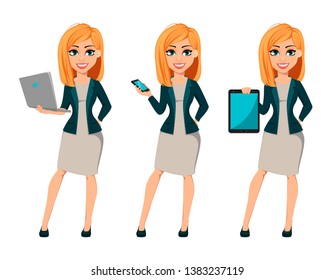 Concept of modern business woman, set of three poses. Cartoon character businesswoman with blonde hair holds laptop, holds smartphone and holds tablet. Vector illustration.