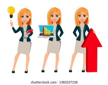 Concept of modern business woman, set of three poses. Cartoon character businesswoman with blonde hair has a good idea, holds laptop and stands near big red arrow. Vector illustration.