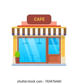 Concept of modern city cafe building facade. City cafe building. Street Cafe, fast food, restaurant. Coffeeshop. Urban landscape. Vector illustration isolated on white background.