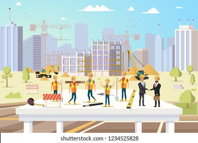 Concept Modern City Construction Buildings. Vector Illustration Cartoon Group of Man Builders and Engineers. Workflow for Construction new City Building. Successful deal Contractors