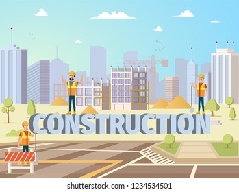 Concept Modern City Construction Buildings. Vector Illustration Cartoon Builders on background large letters Construction. Construction new area City. Group Man Builders Engineer