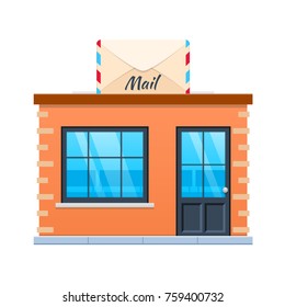Concept of modern city mail building facade. City mail building. Street post office, service of delivery for people, online service, accepting letters, parcels. Urban landscape. Vector illustration.
