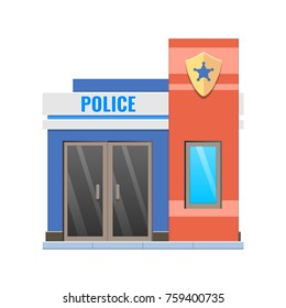 Concept of modern city police building facade. City police station department building. Street municipal office building , service security department. Urban landscape. Vector illustration.