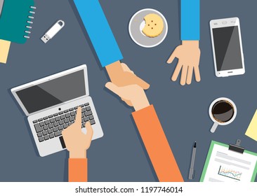 Concepto de comunicación y negocios modernos. Ilustración vectorial plana de las manos con tablet y teléfono móvil y apretón de manos.