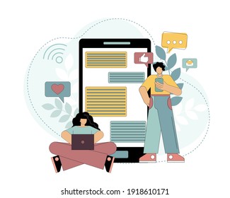 El concepto de comunicación moderna. Aplicación de citas y relaciones virtuales. Una mujer está sentada en una laptop y charlando con un hombre por teléfono. Ilustración plana vectorial aislada en fondo blanco.