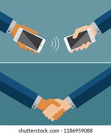 Concept of modern communication. Flat vector illustration of hands using mobile phone and handshake.
