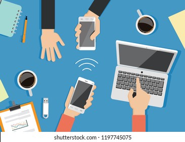 Concept of modern communication. Flat vector illustration of hands using mobile phone.