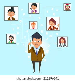 concept of modern communications. phone is always with me, and I'm in touch with business partners and friends. vector illustration in a flat style.