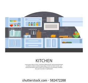 The concept of modern cuisine. A set of furniture, utensils and kitchen appliances: cooker, hob, fridge, kettle, toaster, pots, plates. In today's orthogonal design. Vector illustration.